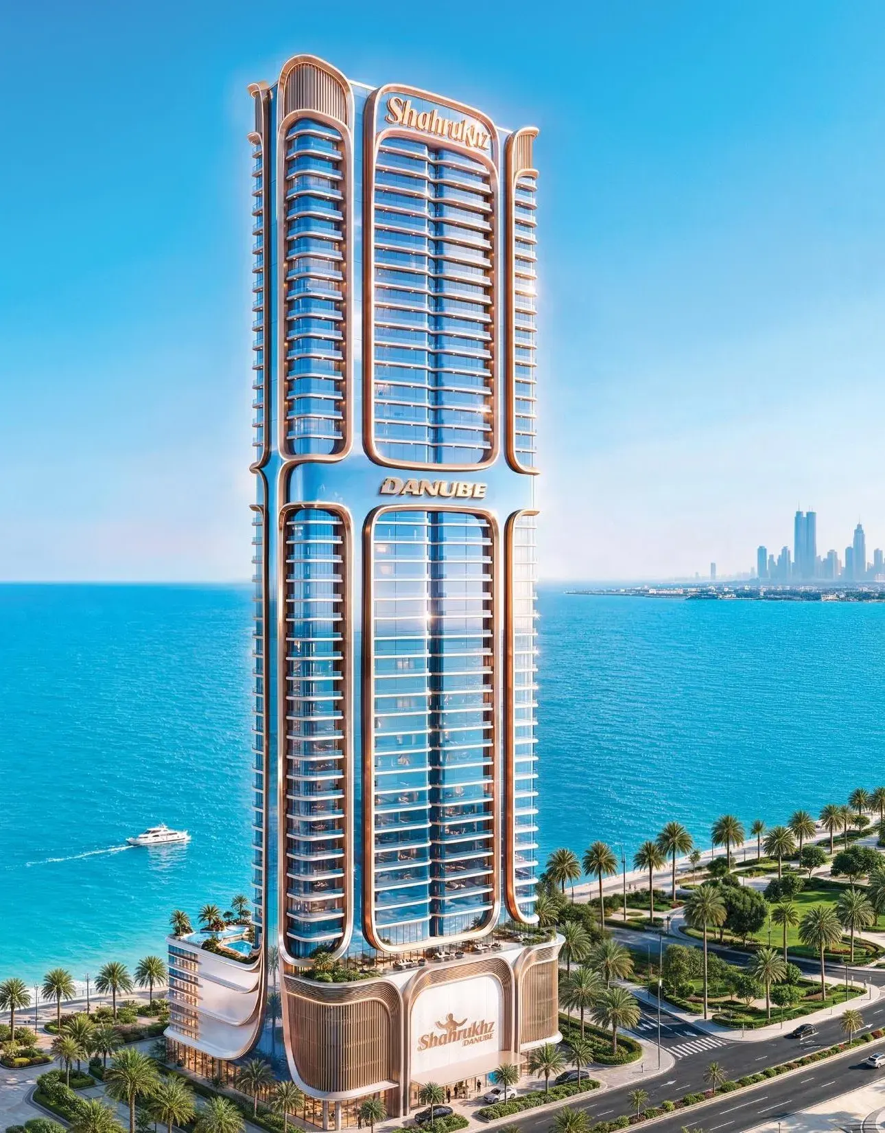 Shahrukhz Residences by Danube tower waterfront render Dubai Maritime City