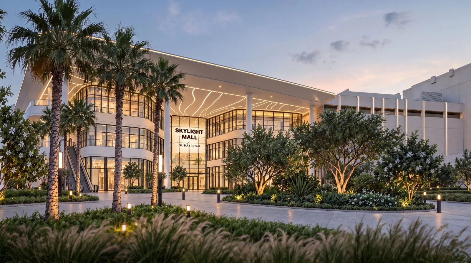 Landscaped main entrance of Skylight Mall, Dubai, official render