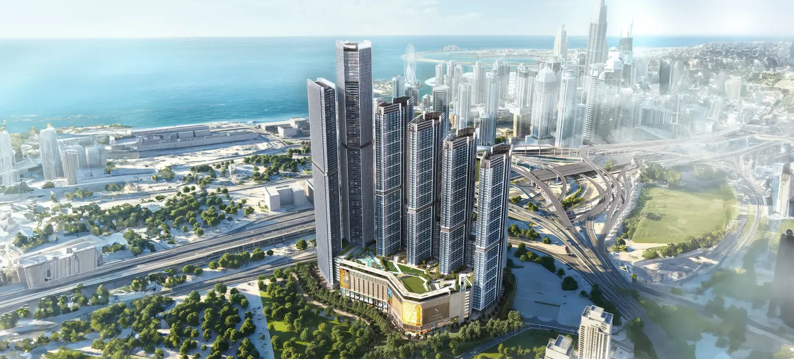 Sobha Central aerial render along Sheikh Zayed Road Dubai