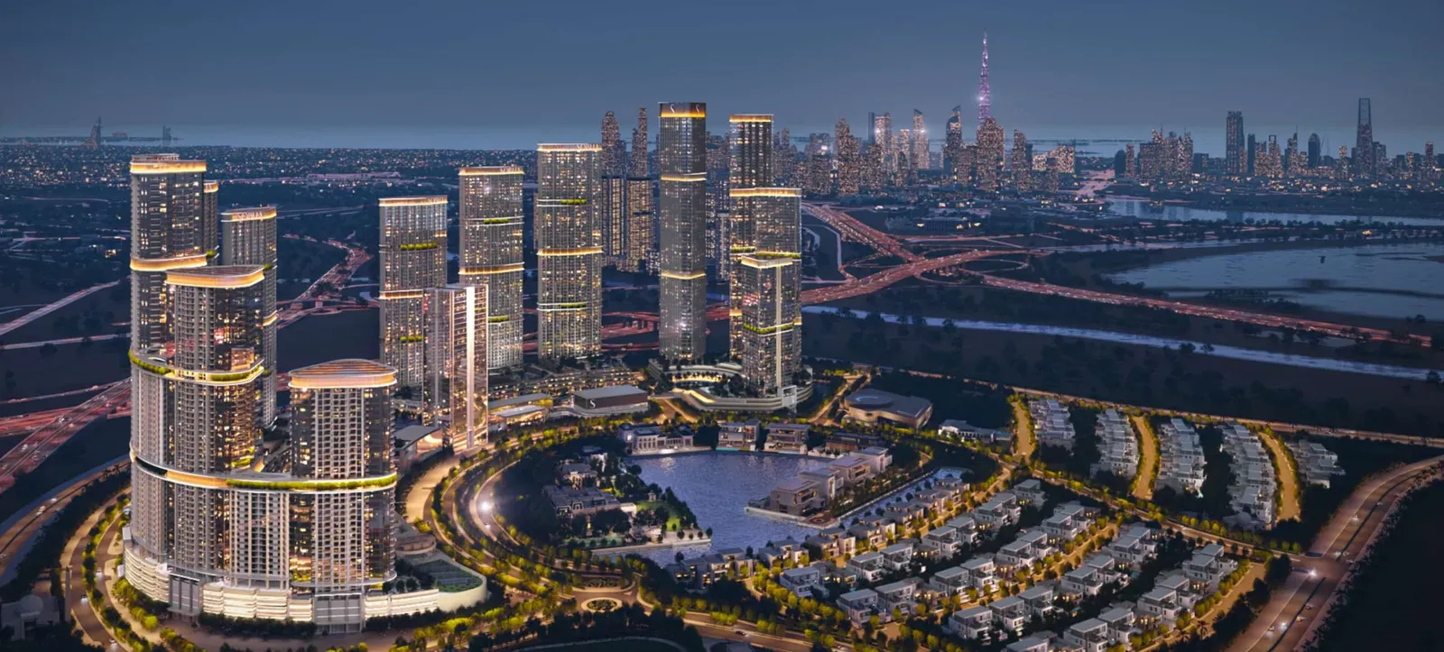 Sobha Hartland II aerial dusk render MBR City Dubai