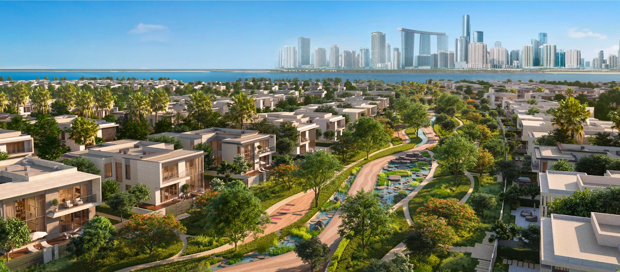 Aerial render of Talay villas at Marsa Al Saadiyat with green spine, aflaj water channels and the Abu Dhabi skyline