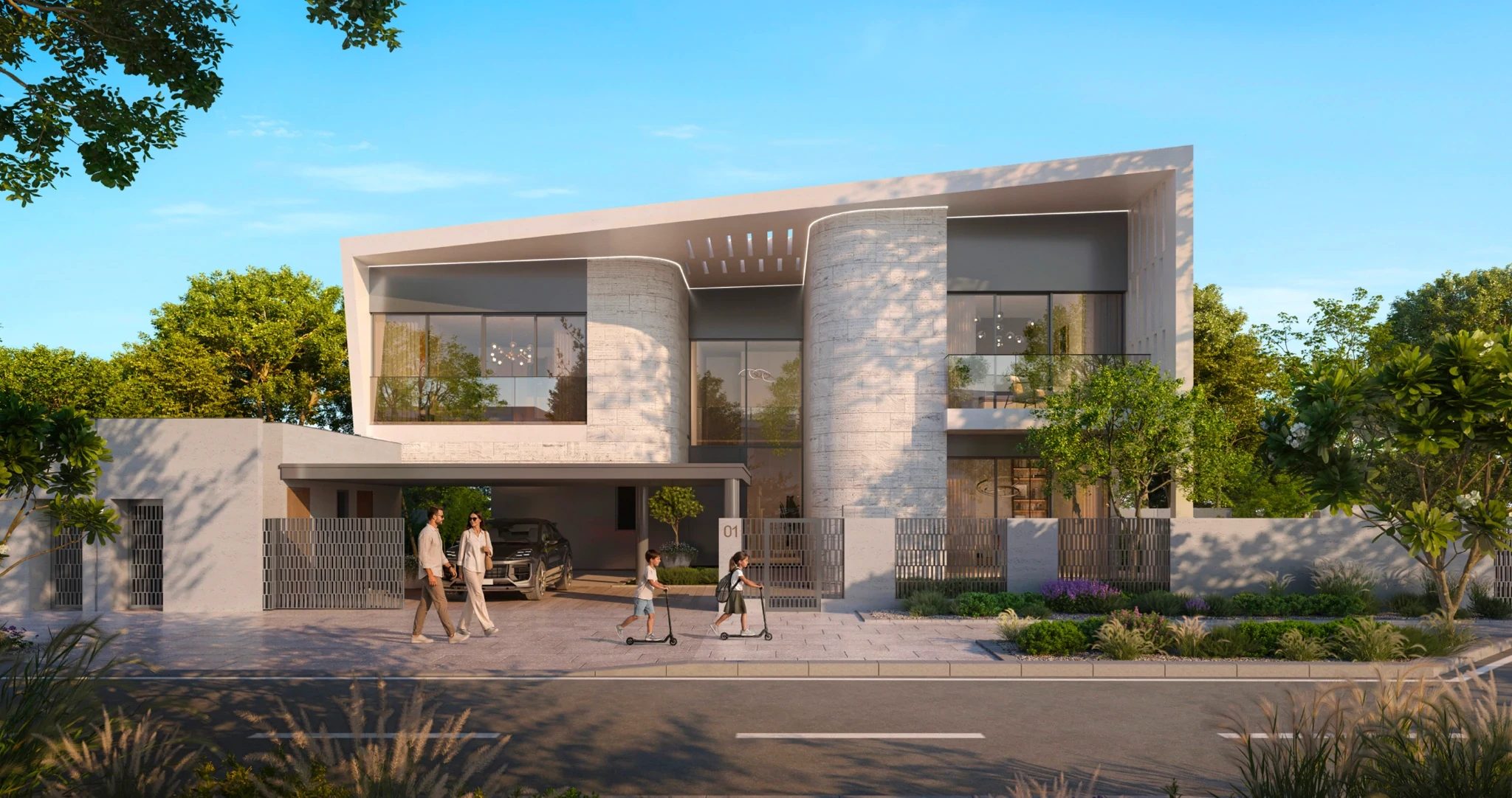 Contemporary Talay villa facade with stone-clad curved walls, covered parking and Areesh-inspired screens