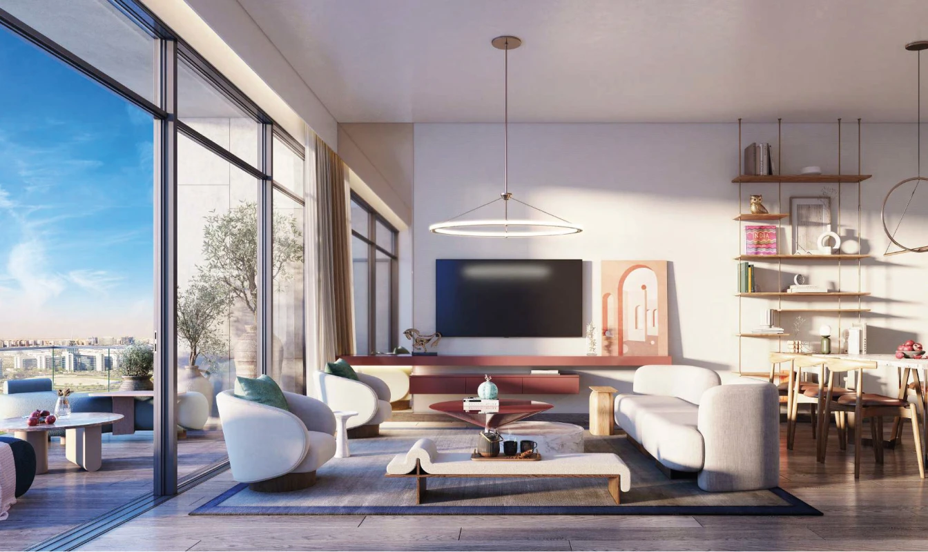 Living room interior of an apartment at Tria by Deyaar, Dubai Silicon Oasis