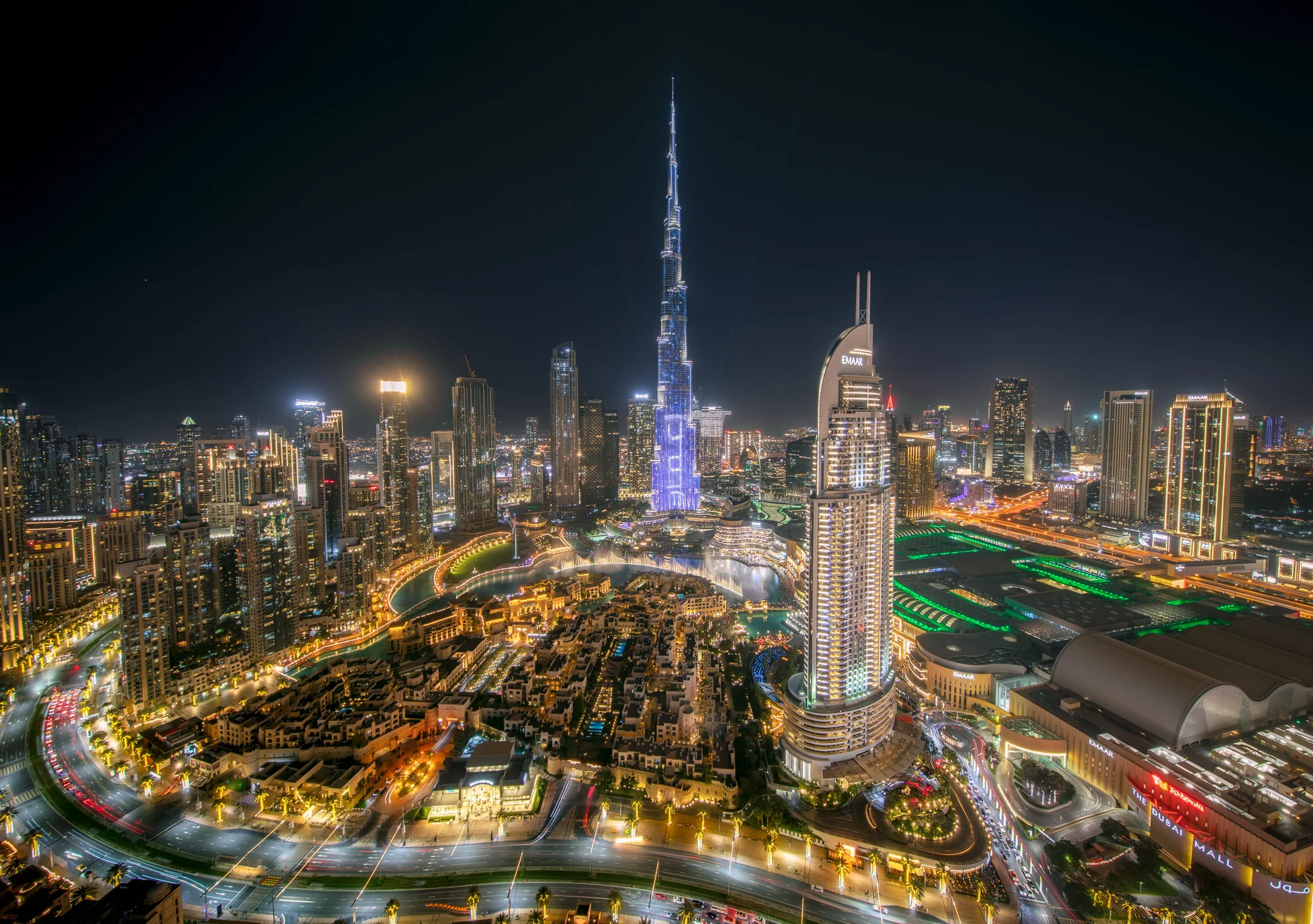 Downtown Dubai at night with the Burj Khalifa and Dubai Mall
