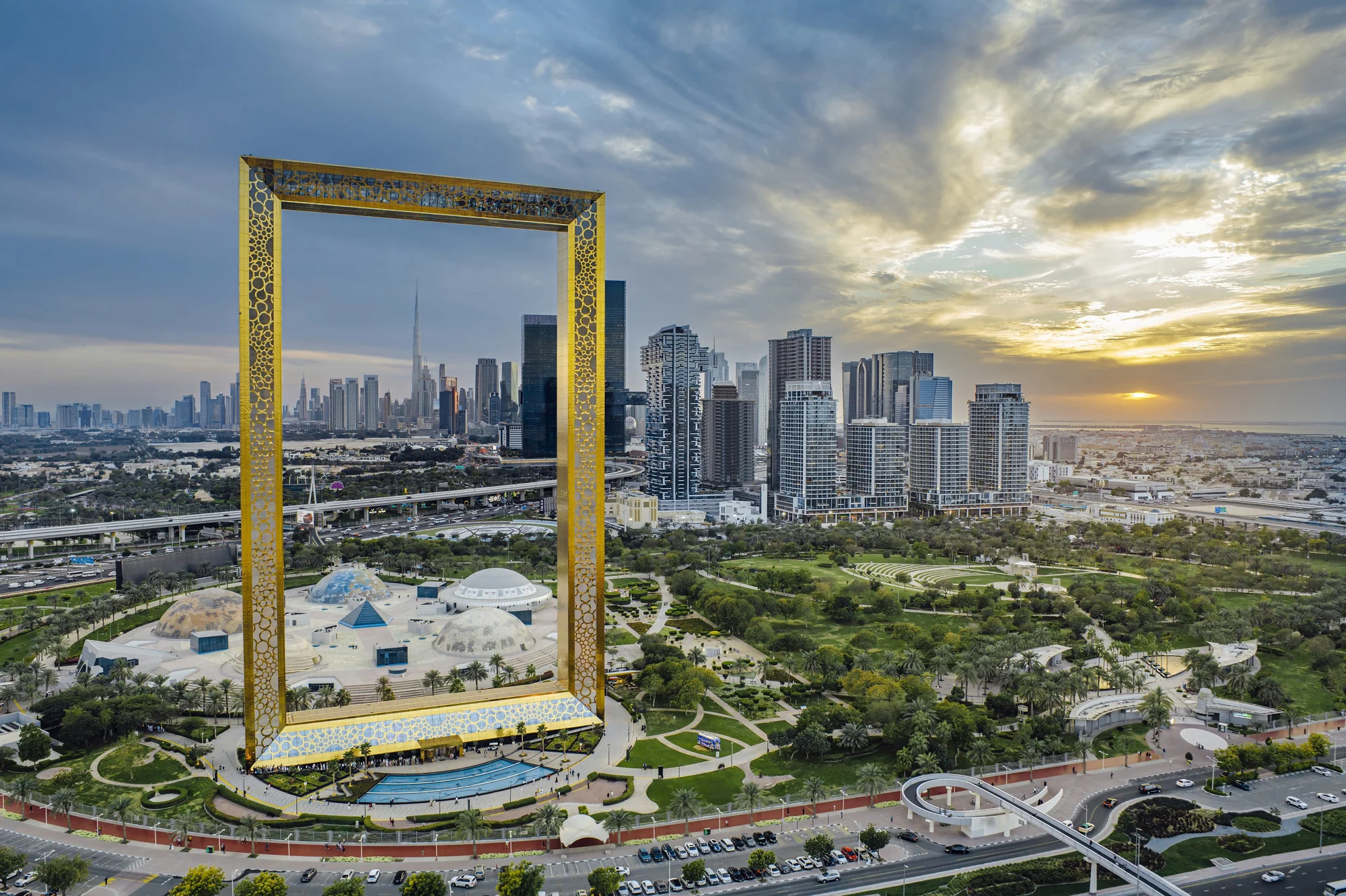 Dubai Frame and Zabeel Park with the Dubai skyline behind