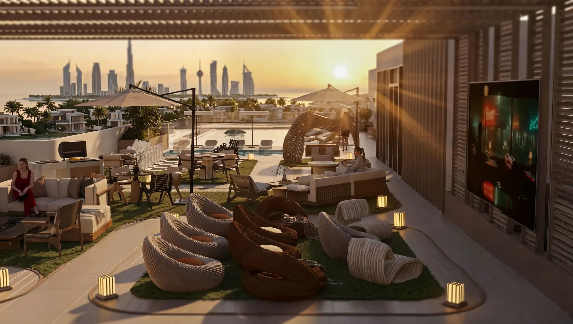 Velora Residence rooftop lounge with Dubai skyline views, Dubai Islands