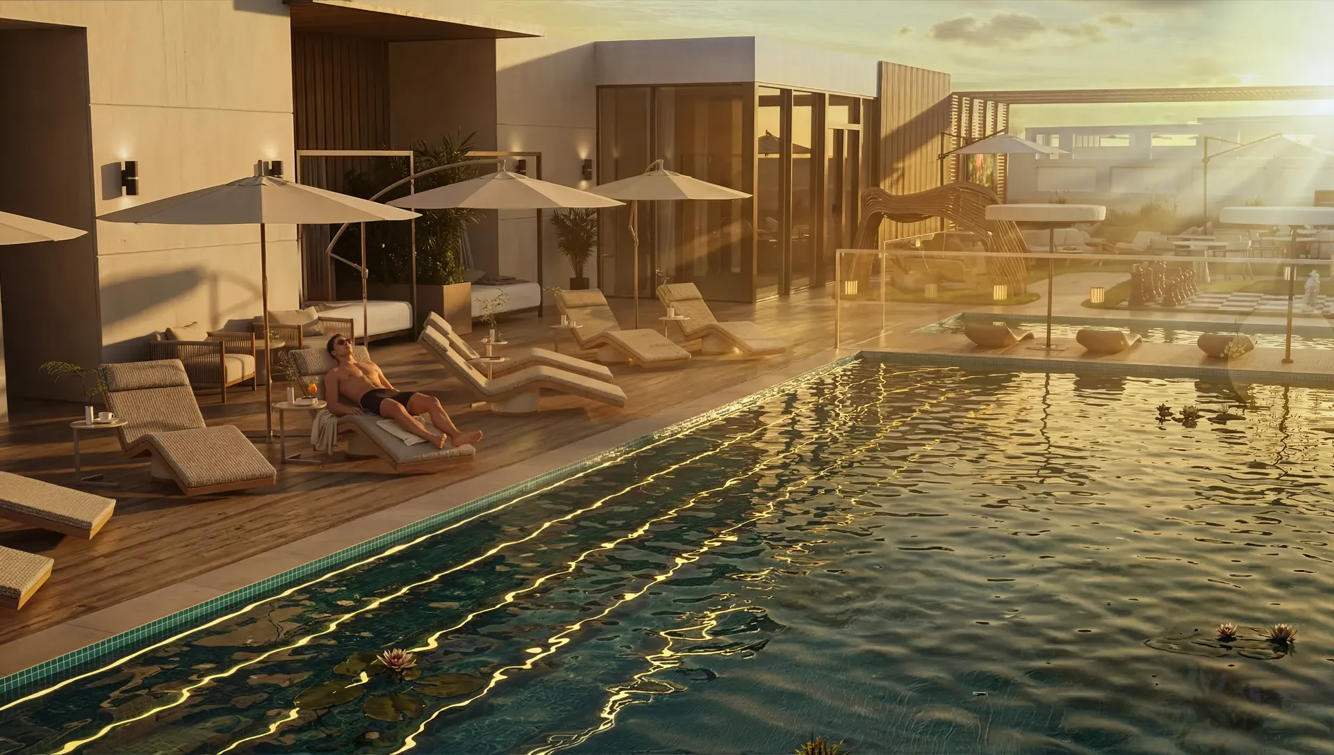 Velora Residence rooftop pool deck at golden hour, Dubai Islands