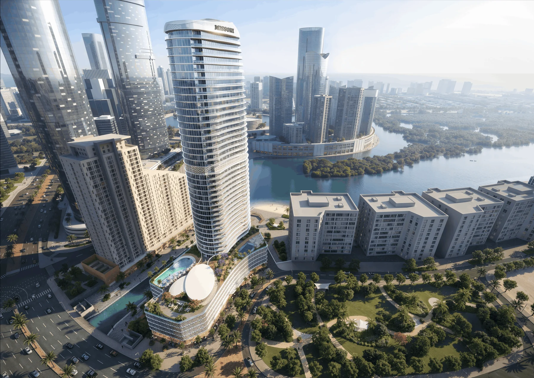 Aerial render of Waterfront by Missoni tower on Al Reem Island, Abu Dhabi, with podium, pool deck and canal