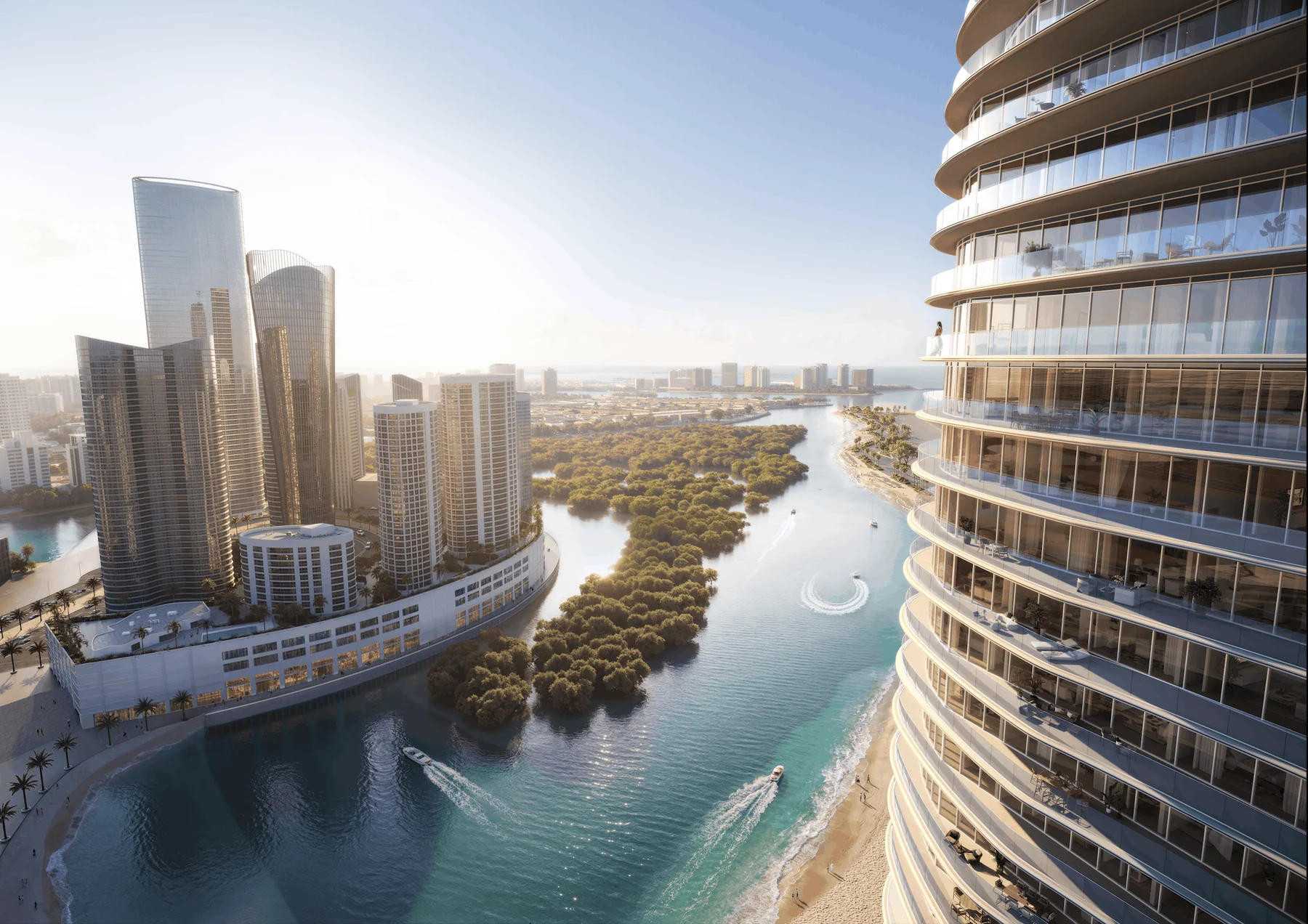 Waterfront by Missoni balconies overlooking the beach, canal and mangroves on Al Reem Island