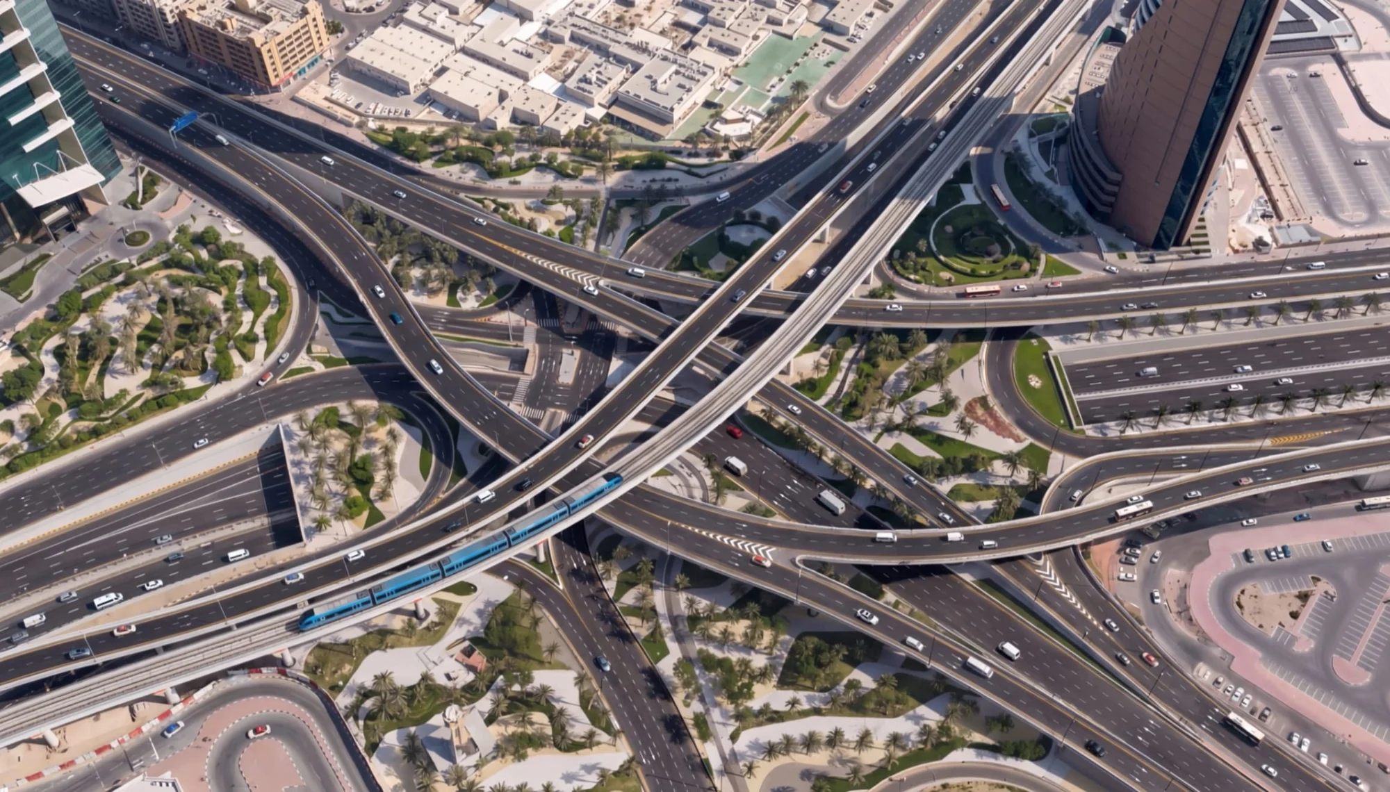 Dubai Metro train crossing the new World Trade Centre Roundabout bridges and intersection on Sheikh Zayed Road