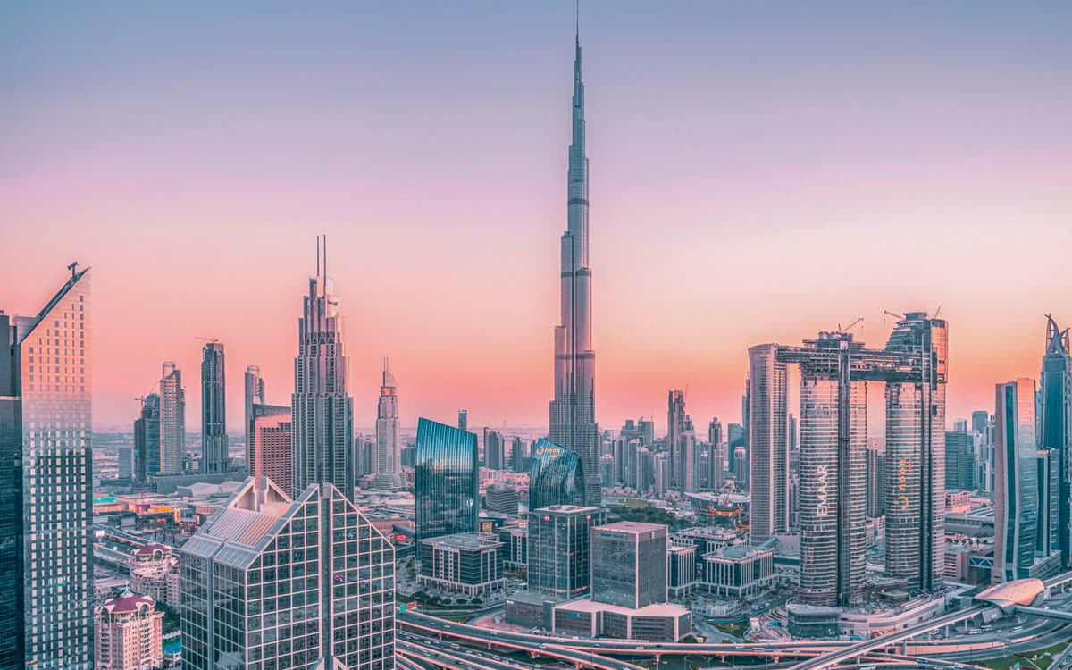 Dubai skyline at sunset, Downtown Dubai and Business Bay