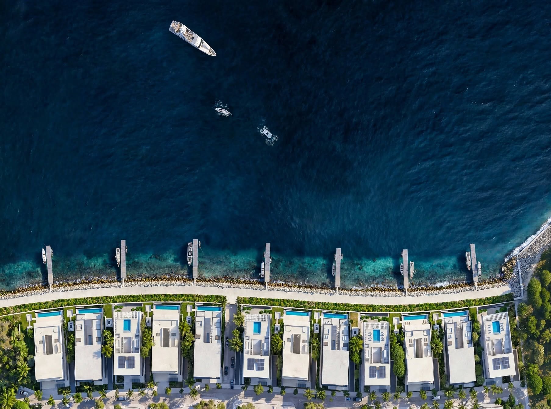 Aerial view of waterfront luxury villas